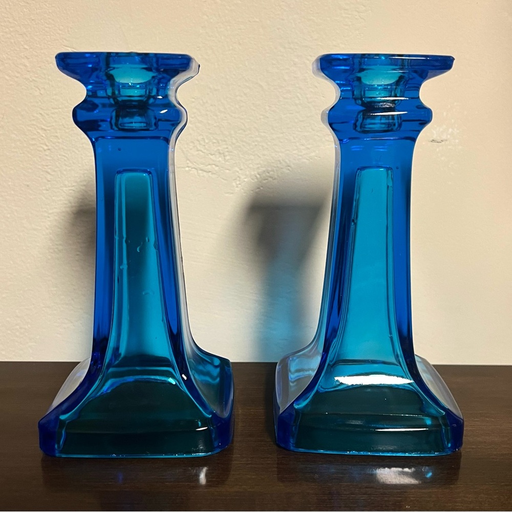 Vintage blue glass square base candlestick holders set of 2